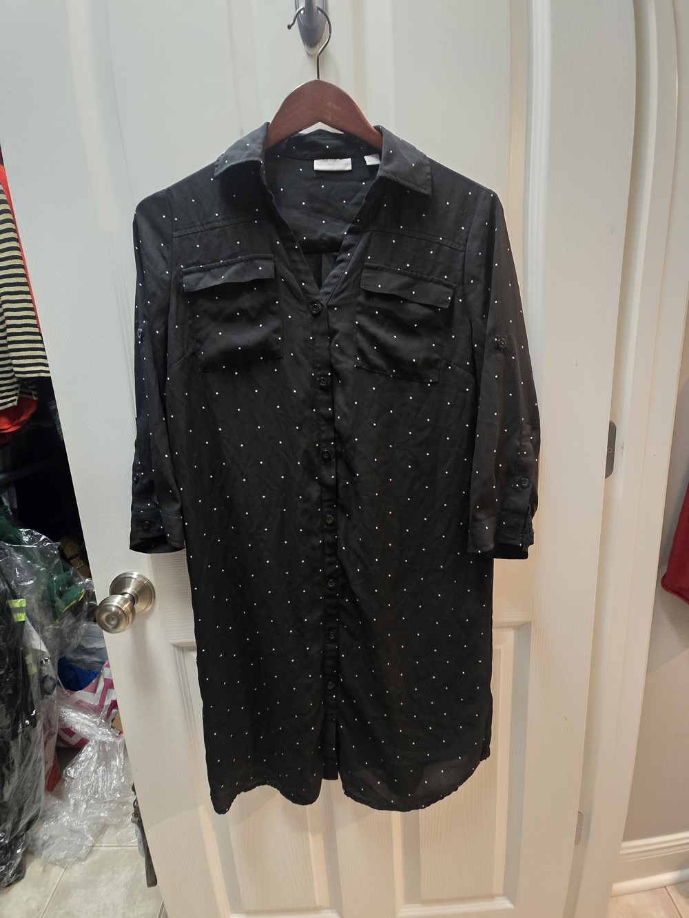 New York & Company Black Button-Front Shirt with White Dots